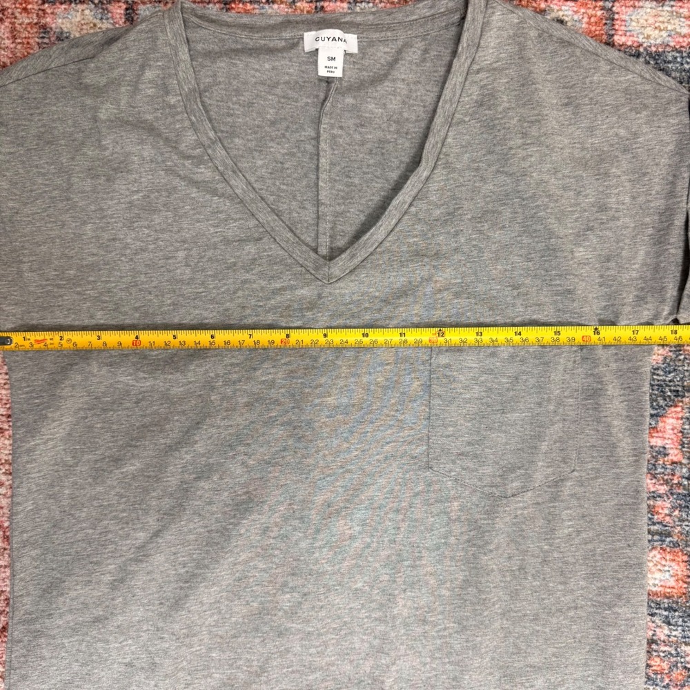 Cuyana Pima Cotton V-Neck Short Sleeve Midi Dress Heather Grey SM Pocket Slit - Picture 7 of 10